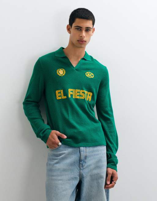 ASOS DESIGN relaxed open knit soccer-style notch neck long sleeve polo in green, 5 of 5