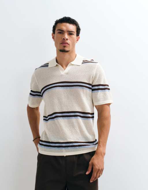 ASOS DESIGN relaxed open knit striped notch neck polo shirt in blue, 5 of 6