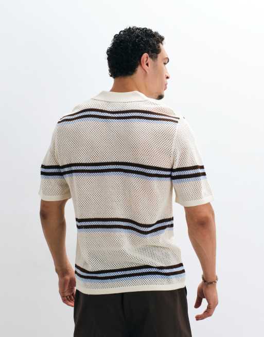 ASOS DESIGN relaxed open knit striped notch neck polo shirt in blue, 6 of 6