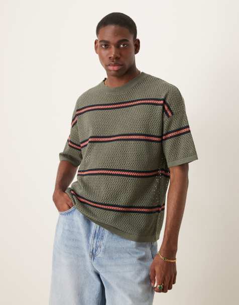 ASOS DESIGN relaxed open knit striped t-shirt in green - view 1