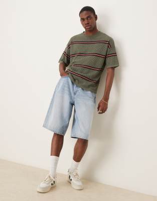 Asos Design Relaxed Open Knit Striped T-shirt In Green