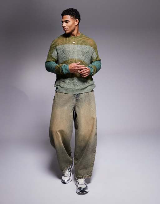 ASOS DESIGN relaxed open knit sweater in khaki stripes, 2 of 4