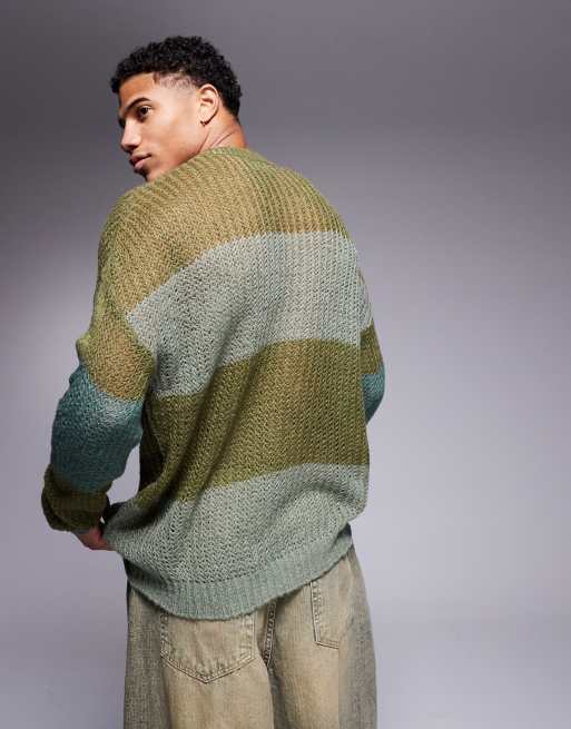 ASOS DESIGN relaxed open knit sweater in khaki stripes, 3 of 4