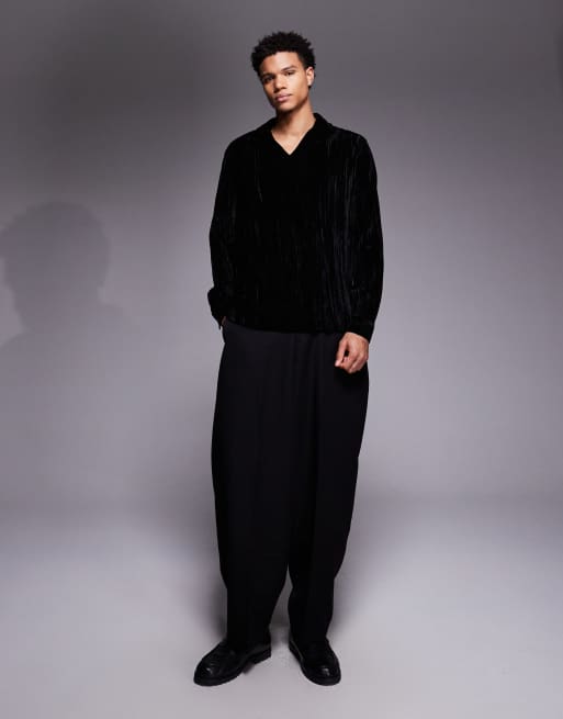 ASOS DESIGN relaxed over the head crinkle velvet shirt in black, 2 of 5