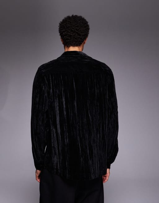 ASOS DESIGN relaxed over the head crinkle velvet shirt in black, 3 of 5