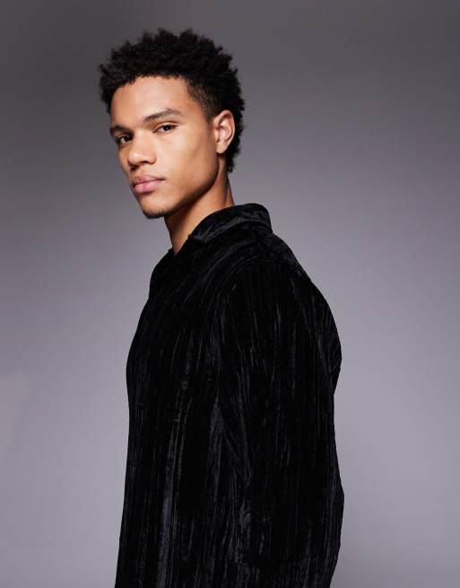 ASOS DESIGN relaxed over the head crinkle velvet shirt in black, 4 of 5