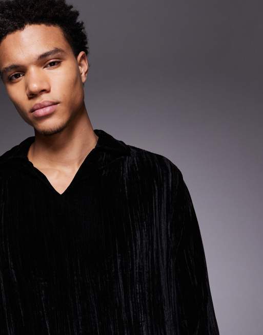 ASOS DESIGN relaxed over the head crinkle velvet shirt in black, 5 of 5
