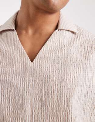 Asos Design Relaxed Over The Head Seersucker Shirt In Neutral