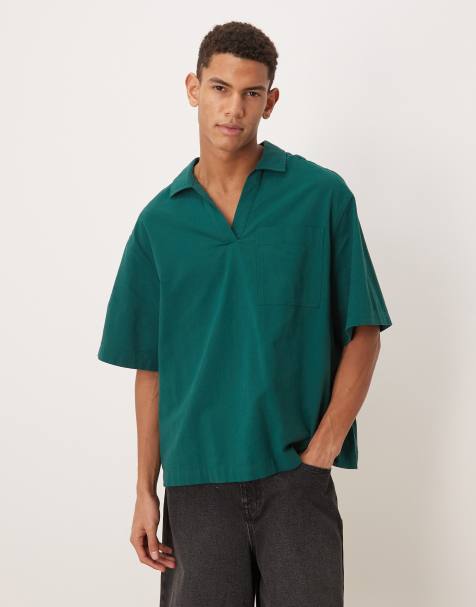 ASOS DESIGN relaxed over the head textured shirt in dark green - view 1