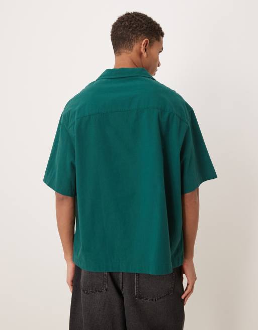 ASOS DESIGN relaxed overhead textured shirt in dark green, 3 of 5