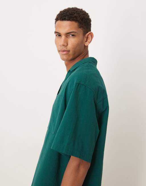 ASOS DESIGN relaxed overhead textured shirt in dark green, 4 of 5
