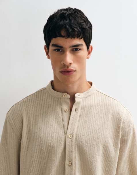 ASOS DESIGN relaxed overhead textured shirt with grandad collar in beige - view 1