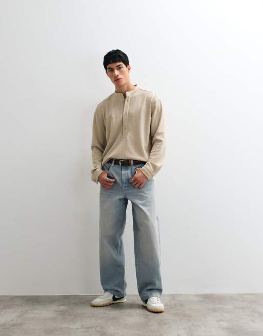 ASOS DESIGN relaxed overhead textured shirt with henley collar in beige, 4 of 5