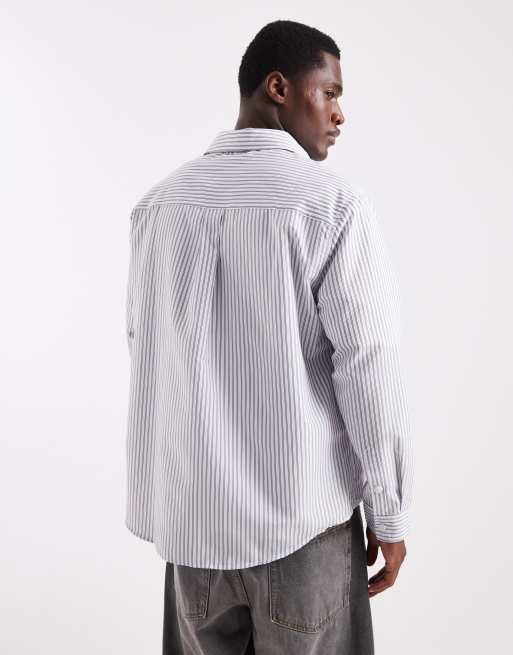 ASOS DESIGN relaxed overhead with chest pocket and chest embroidery in burgundy stripe, 3 of 5