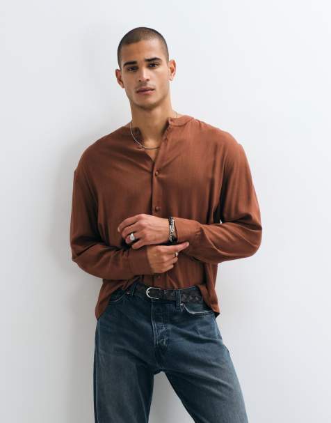 ASOS DESIGN relaxed overhemd met henleykraag in bruin - view 1