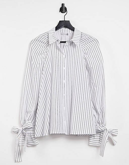 Women relaxed oversized dad shirt in mono stripe with tie cuffs 