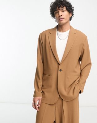 Asos Design Relaxed Oversized Soft Tailored Suit Jacket In Tobacco Crepe-brown