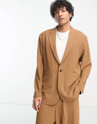 Asos Design Relaxed Oversized Soft Tailored Suit Jacket In Tobacco Crepe-brown