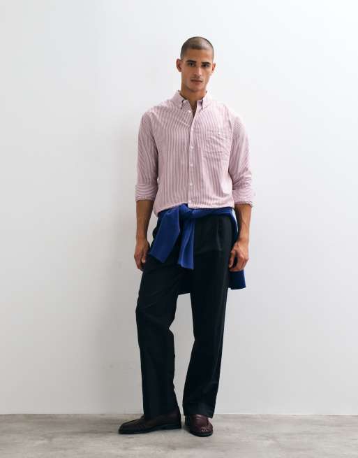 ASOS DESIGN relaxed oxford stripe shirt in burgundy, 4 of 5