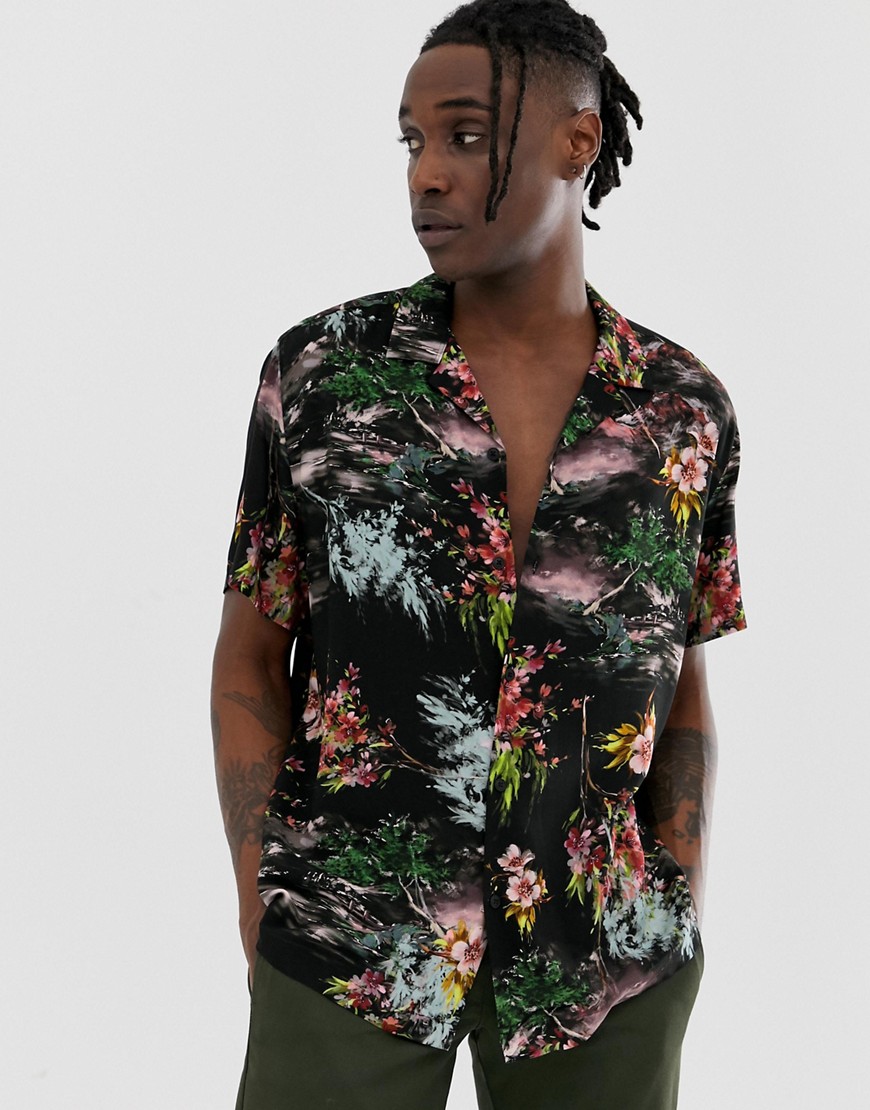 ASOS DESIGN relaxed painted style floral shirt in black