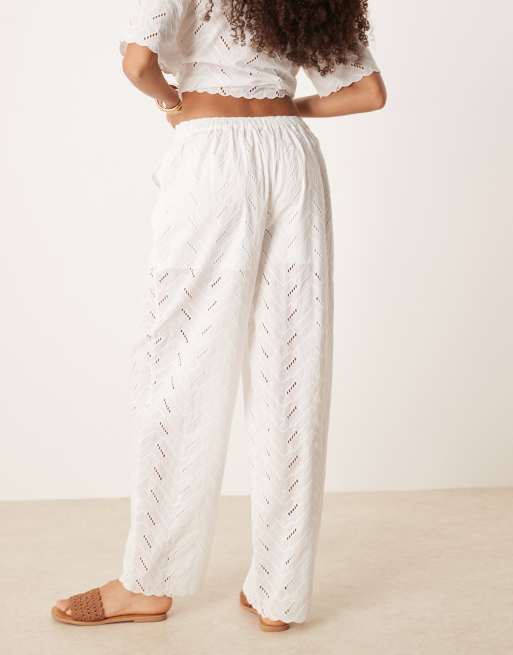 ASOS DESIGN relaxed pants in white geo broderie (part of a set), 2 of 5