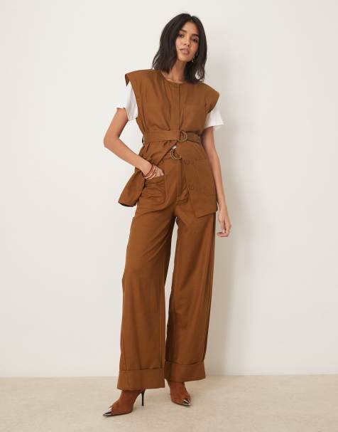 ASOS DESIGN relaxed pants with cuffed hems in tan - part of a set - view 1