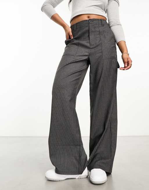 ASOS DESIGN wide leg trouser in stripe with waistband detail in grey