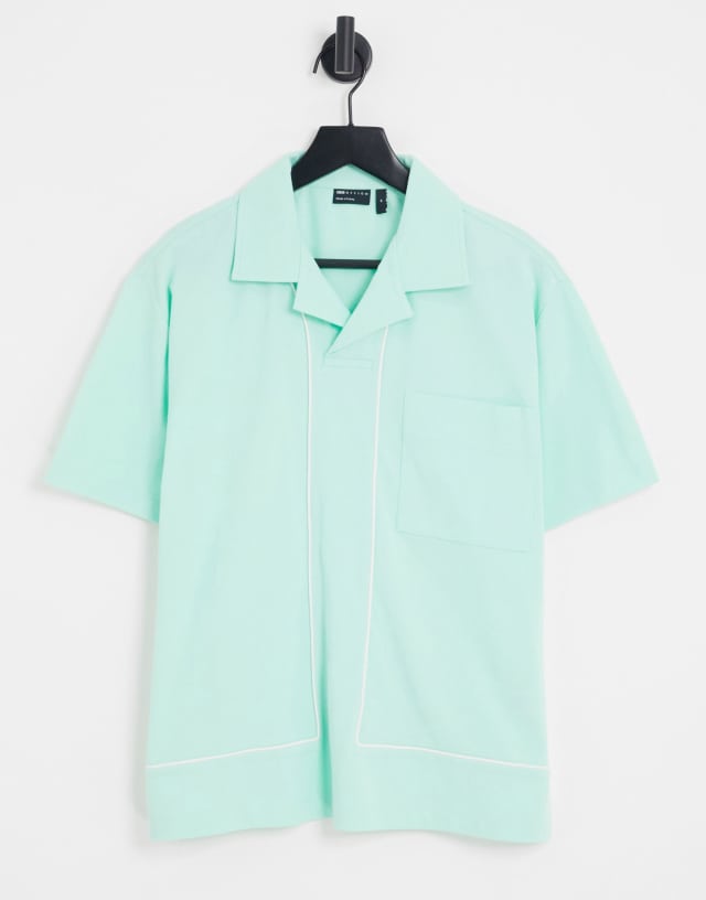 ASOS DESIGN relaxed pique camp collar polo in green with white piping