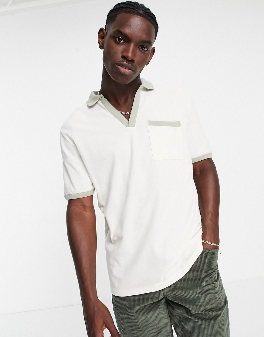 ASOS DESIGN relaxed pique deep v polo in off white with contrast trims-Neutral