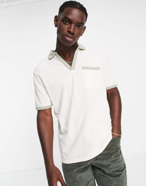 ASOS DESIGN relaxed pique deep v polo in off white with contrast trims