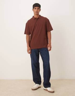 Asos Design Relaxed Pique Polo In Brown