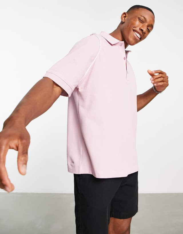 ASOS DESIGN relaxed pique polo in pink with white piping