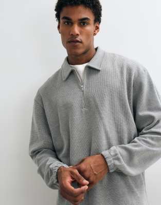 Asos Design Relaxed Pique Quarter Zip Sweatshirt In Grey