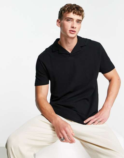 ASOS DESIGN relaxed pique revere polo in black | ASOS