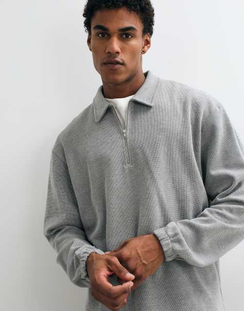 ASOS DESIGN relaxed piqué sweatshirt met kwartrits in grijs - view 1