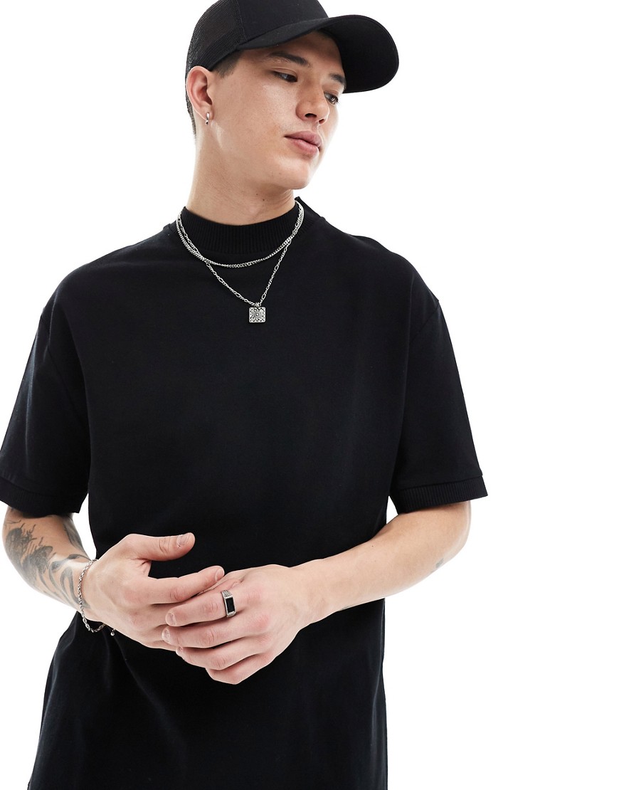 ASOS DESIGN relaxed pique t-shirt with rib detail in black