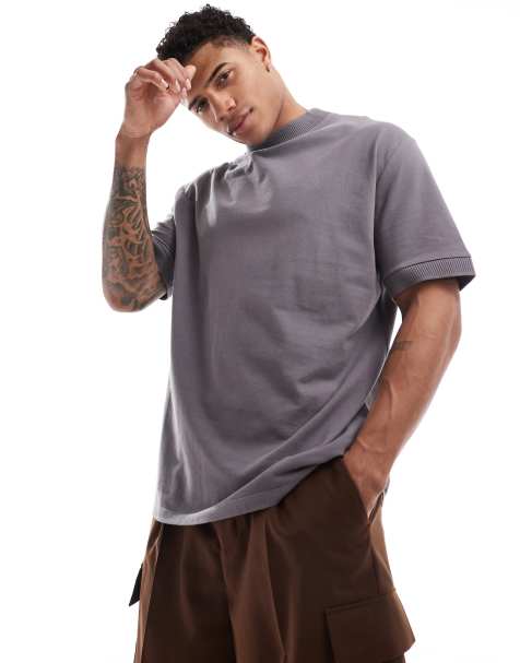 ASOS DESIGN relaxed pique t-shirt with rib detailing in charcoal - view 1