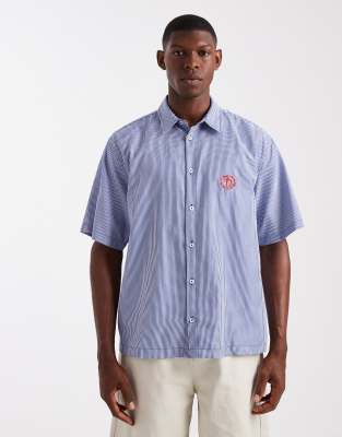 Asos Design Relaxed Plaid Shirt With Chest Embroidery In Blue