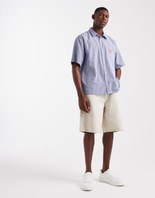 Asos Design Relaxed Plaid Shirt With Chest Embroidery In Blue