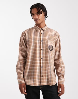 Asos Design Relaxed Plaid Shirt With Chest Embroidery In Brown