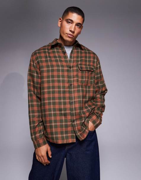 ASOS DESIGN relaxed plaid shirt with patch pocket in rust - view 1