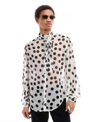 ASOS DESIGN relaxed polka dot shirt with tie neck in white and black