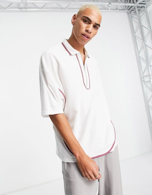 ASOS DESIGN relaxed polo in cream with zip and waffle panel | ASOS