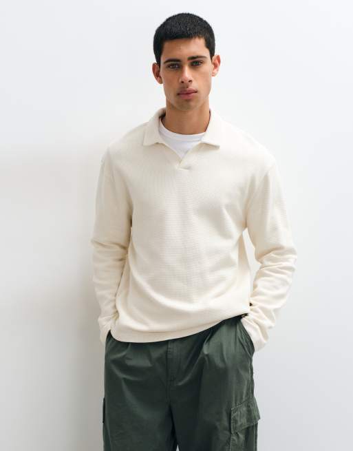 ASOS DESIGN relaxed polo met lange mouwen in crème wafelstructuur, 3 van 5