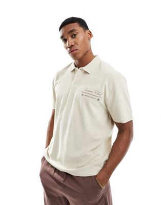ASOS DESIGN relaxed polo shirt in beige towelling with embroidery