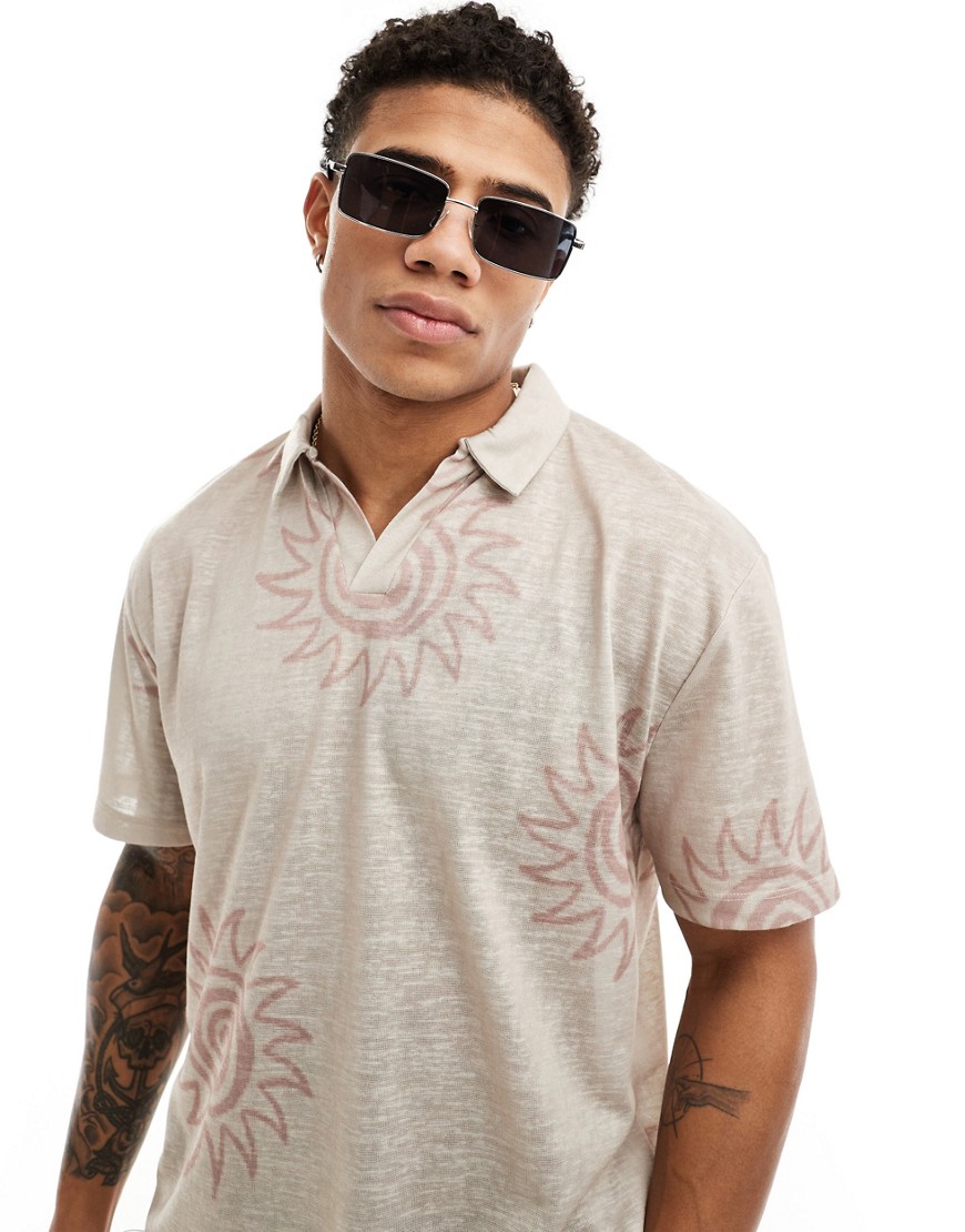 Asos Design Relaxed Polo Shirt In Beige With Multi Sun Prints-neutral