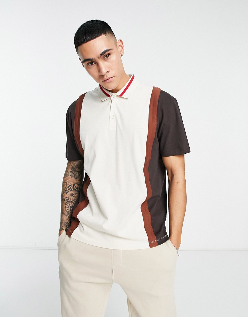 ASOS DESIGN relaxed polo shirt in burgundy colour block with retro collar-Red