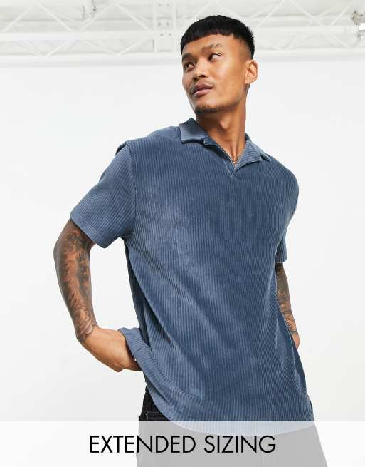 ASOS DESIGN relaxed polo shirt in dark gray ribbed velour