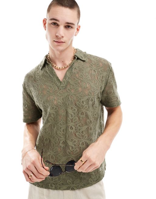 FhyzicsShops DESIGN relaxed polo shirt in sage patterned crochet