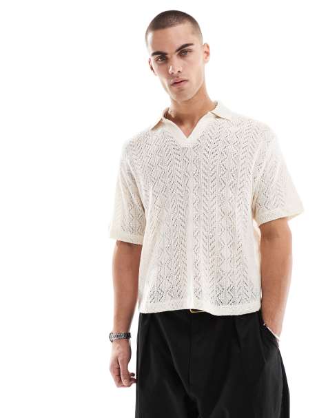 ASOS DESIGN relaxed polo shirt with cable knit design in beige - view 1